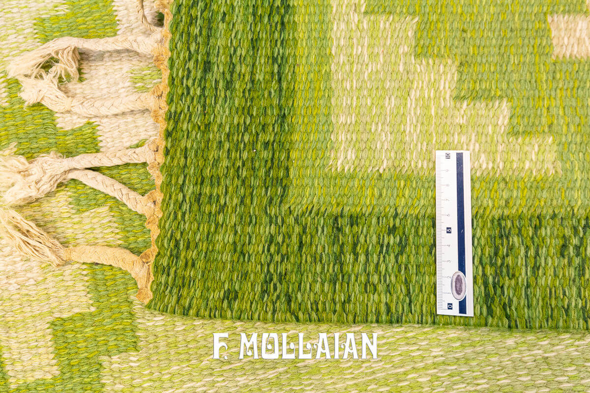 Greenish Signed Rollakan Swedish Wool Kilim n°:512174